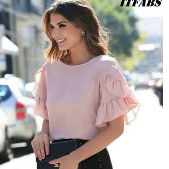 libby. edelman Tops - Libby Edelman blouse pink peach ruffle short sleeve Large coquette cottage sprin